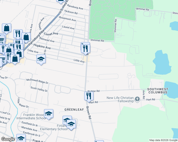 map of restaurants, bars, coffee shops, grocery stores, and more near 1371 Brown Road in Columbus