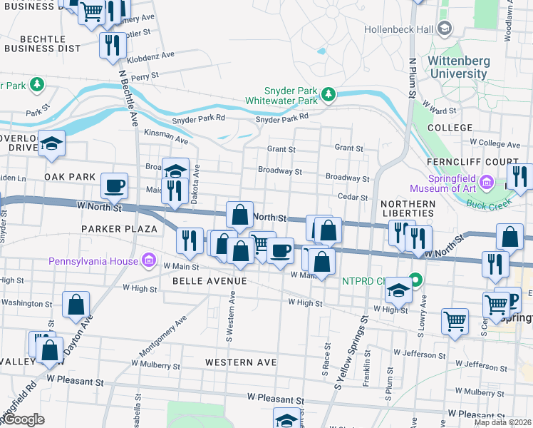 map of restaurants, bars, coffee shops, grocery stores, and more near 908 West North Street in Springfield
