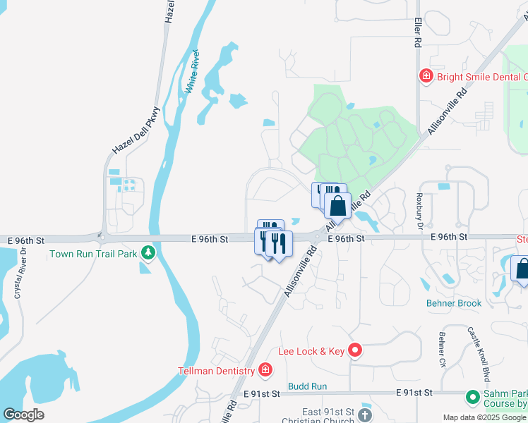 map of restaurants, bars, coffee shops, grocery stores, and more near 5738-5782 East 96th Street in Fishers