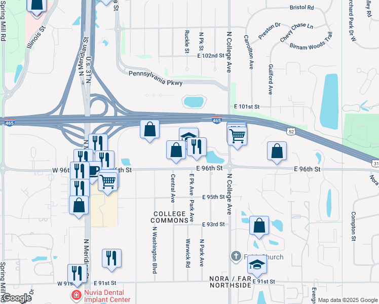 map of restaurants, bars, coffee shops, grocery stores, and more near 500 East 96th Street in Indianapolis