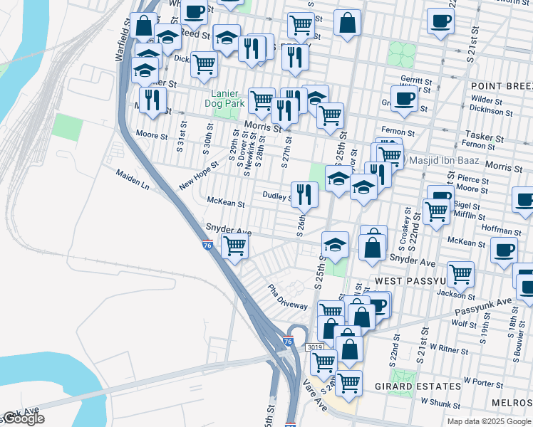 map of restaurants, bars, coffee shops, grocery stores, and more near 2003 South Etting Street in Philadelphia