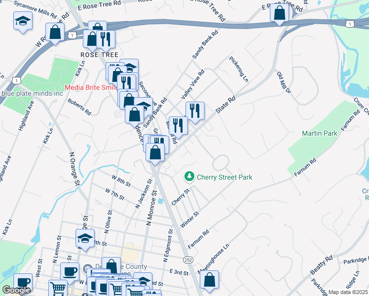 map of restaurants, bars, coffee shops, grocery stores, and more near 37 State Road in Media