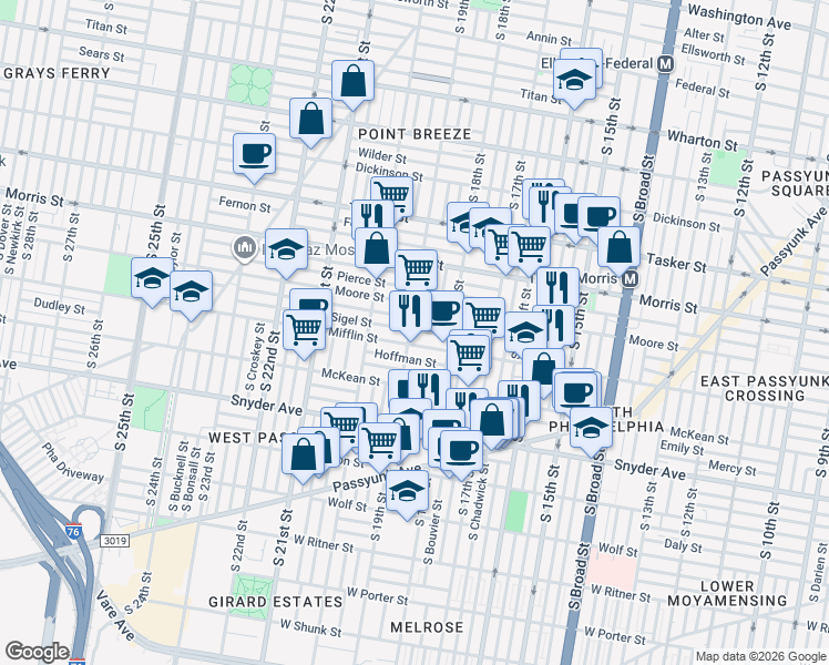 map of restaurants, bars, coffee shops, grocery stores, and more near 1854 McClellan Street in Philadelphia