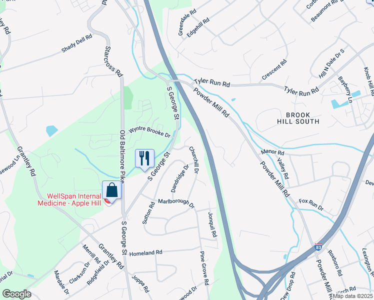 map of restaurants, bars, coffee shops, grocery stores, and more near 24 Churchill Drive in York