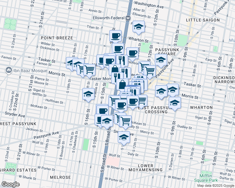 map of restaurants, bars, coffee shops, grocery stores, and more near 1344 Castle Avenue in Philadelphia