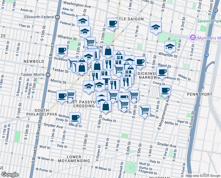 map of restaurants, bars, coffee shops, grocery stores, and more near 823 Morris Street in Philadelphia