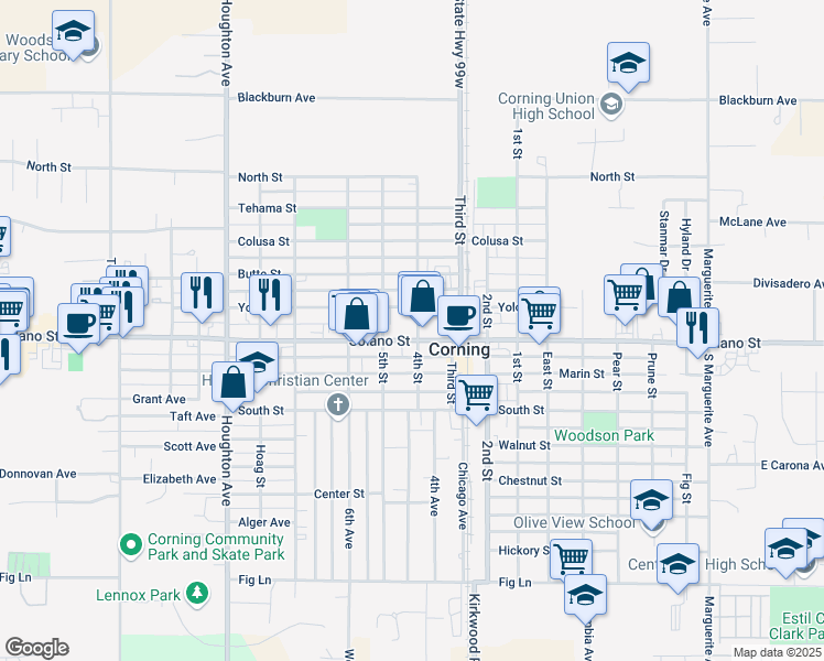 map of restaurants, bars, coffee shops, grocery stores, and more near 710 4th Street in Corning