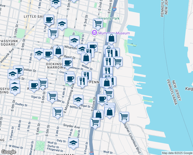 map of restaurants, bars, coffee shops, grocery stores, and more near 1526 South Front Street in Philadelphia