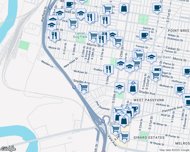 map of restaurants, bars, coffee shops, grocery stores, and more near 2003 South Etting Street in Philadelphia