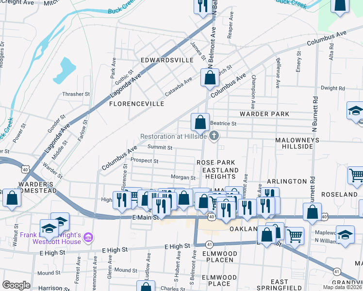 map of restaurants, bars, coffee shops, grocery stores, and more near 1809 Hillside Avenue in Springfield