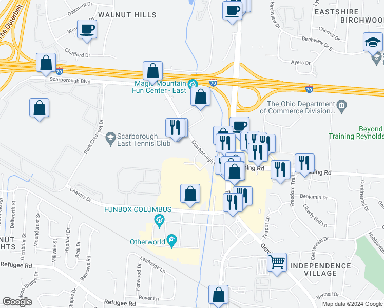map of restaurants, bars, coffee shops, grocery stores, and more near 5959 Scarborough Boulevard in Columbus