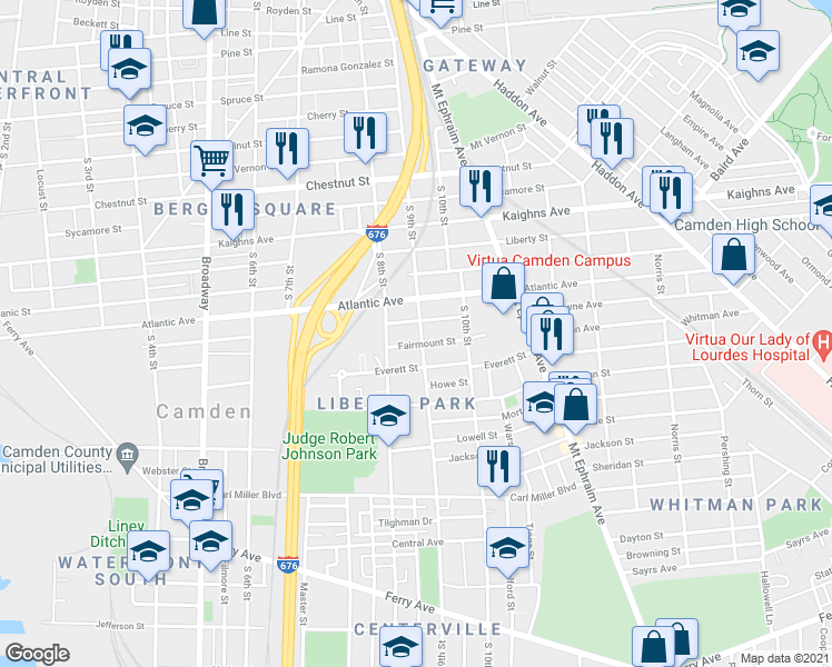 map of restaurants, bars, coffee shops, grocery stores, and more near 1463 South 9th Street in Camden