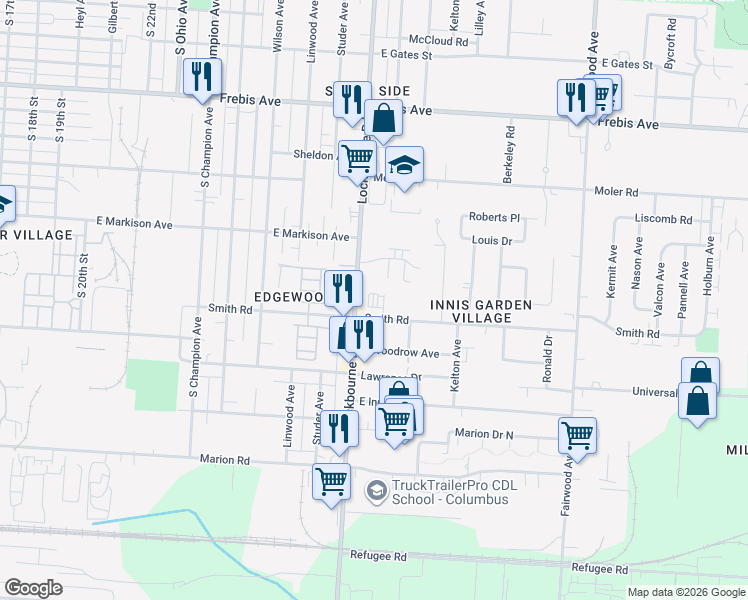map of restaurants, bars, coffee shops, grocery stores, and more near 1836 Lockbourne Road in Columbus