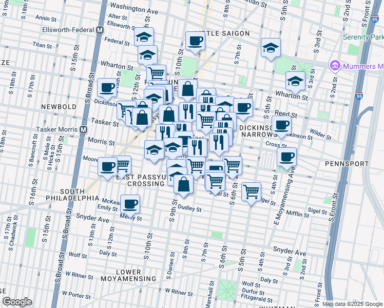map of restaurants, bars, coffee shops, grocery stores, and more near 823 Morris Street in Philadelphia