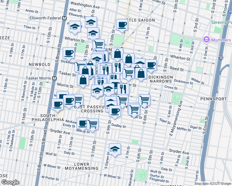 map of restaurants, bars, coffee shops, grocery stores, and more near 1637 South 9th Street in Philadelphia