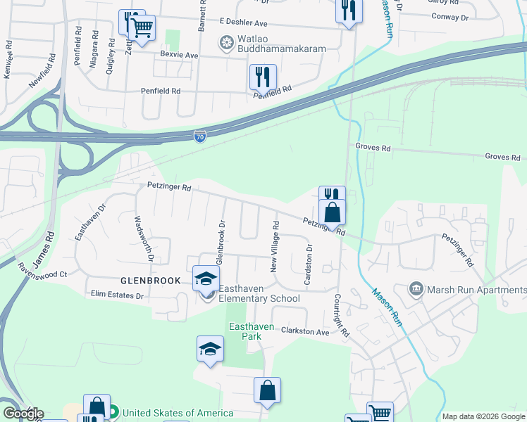 map of restaurants, bars, coffee shops, grocery stores, and more near 3360 Petzinger Road in Columbus