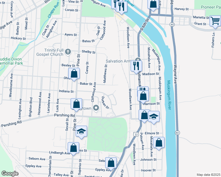 map of restaurants, bars, coffee shops, grocery stores, and more near 450 Baker Street in Zanesville