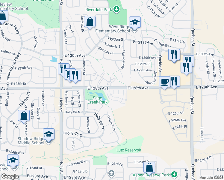 map of restaurants, bars, coffee shops, grocery stores, and more near 12794 Leyden Street in Thornton