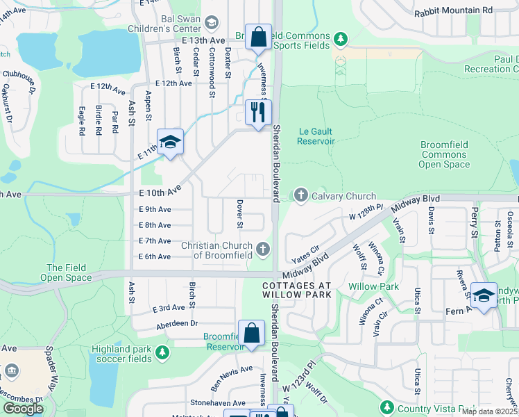 map of restaurants, bars, coffee shops, grocery stores, and more near 1140 East 9th Avenue in Broomfield