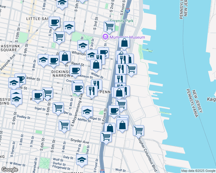 map of restaurants, bars, coffee shops, grocery stores, and more near 1526 South Front Street in Philadelphia