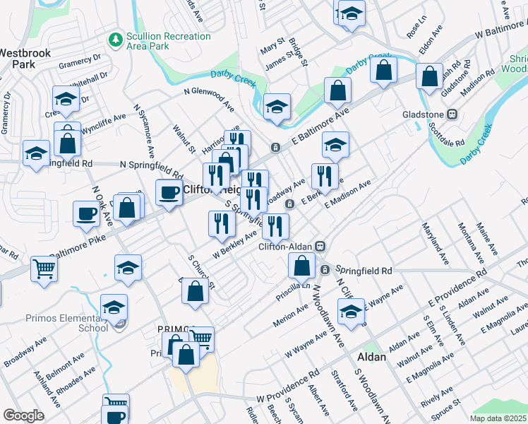 map of restaurants, bars, coffee shops, grocery stores, and more near 24 East Broadway Avenue in Clifton Heights