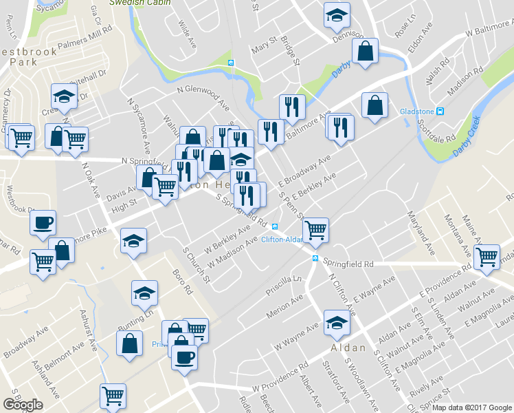 map of restaurants, bars, coffee shops, grocery stores, and more near 24 East Broadway Avenue in Clifton Heights