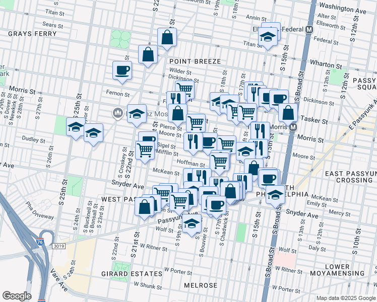 map of restaurants, bars, coffee shops, grocery stores, and more near 1854 McClellan Street in Philadelphia