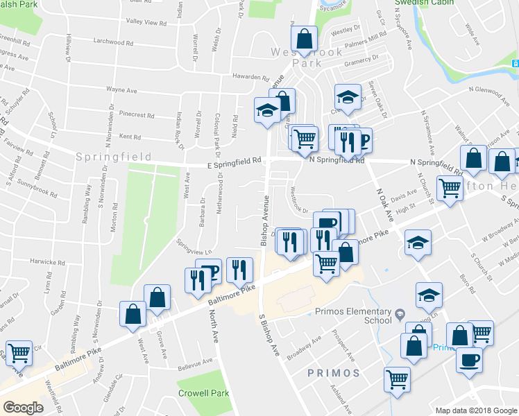 map of restaurants, bars, coffee shops, grocery stores, and more near 138 South Bishop Avenue in Springfield