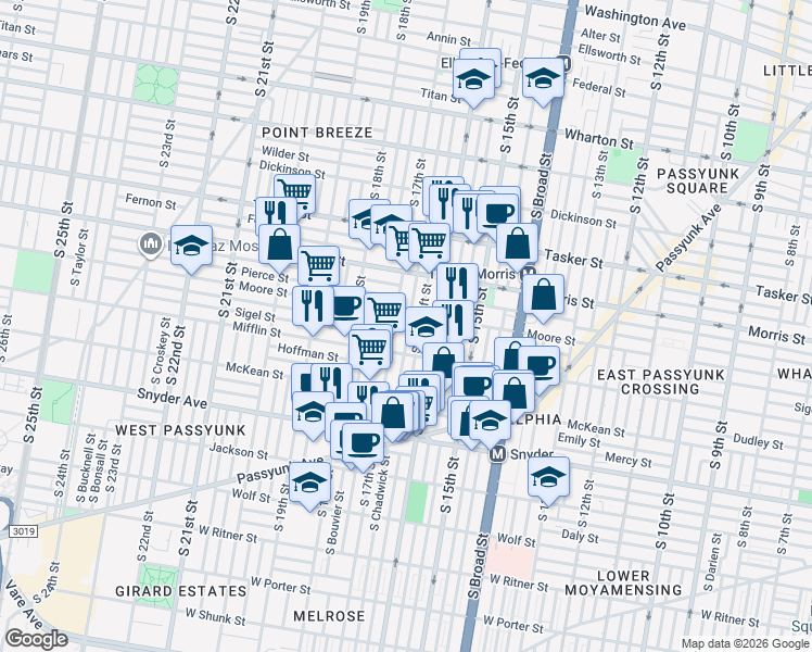 map of restaurants, bars, coffee shops, grocery stores, and more near 1804 South 17th Street in Philadelphia