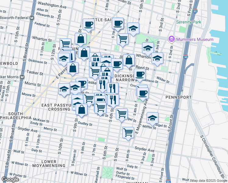 map of restaurants, bars, coffee shops, grocery stores, and more near 1616 South 6th Street in Philadelphia