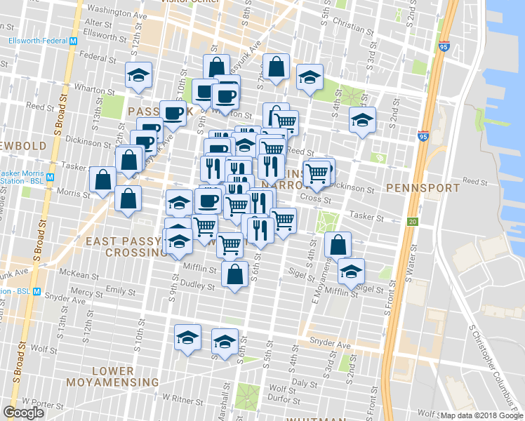 map of restaurants, bars, coffee shops, grocery stores, and more near 1616 South 6th Street in Philadelphia