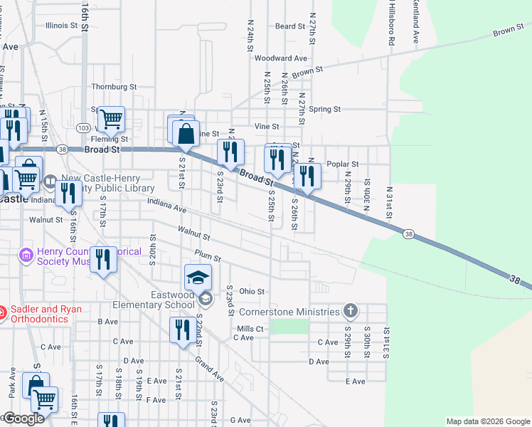 map of restaurants, bars, coffee shops, grocery stores, and more near 205 S 25th St in New Castle