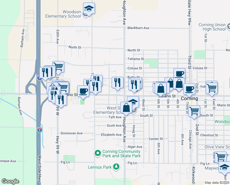 map of restaurants, bars, coffee shops, grocery stores, and more near 1806 Solano Street in Corning