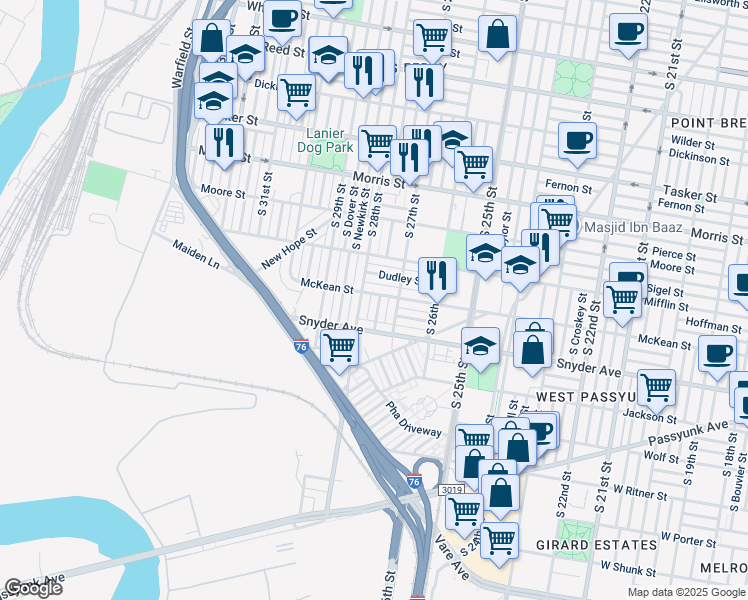 map of restaurants, bars, coffee shops, grocery stores, and more near 2002 South Etting Street in Philadelphia