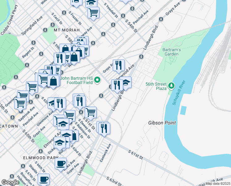 map of restaurants, bars, coffee shops, grocery stores, and more near 2532 South 58th Street in Philadelphia