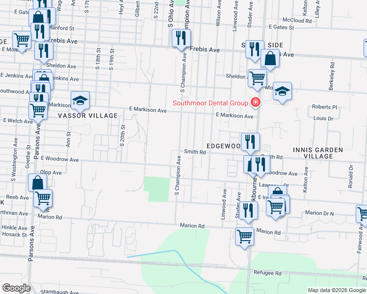 map of restaurants, bars, coffee shops, grocery stores, and more near 1779 Oakwood Avenue in Columbus