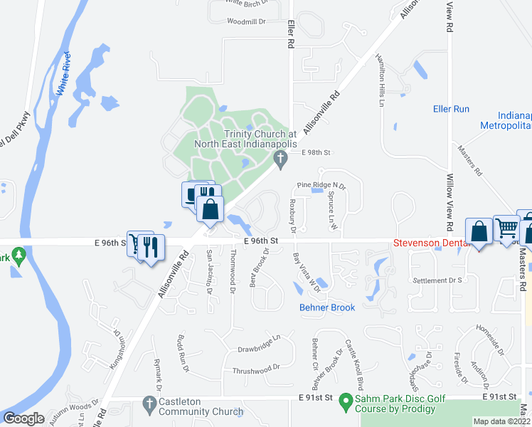 map of restaurants, bars, coffee shops, grocery stores, and more near 9721 Revere Way in Indianapolis
