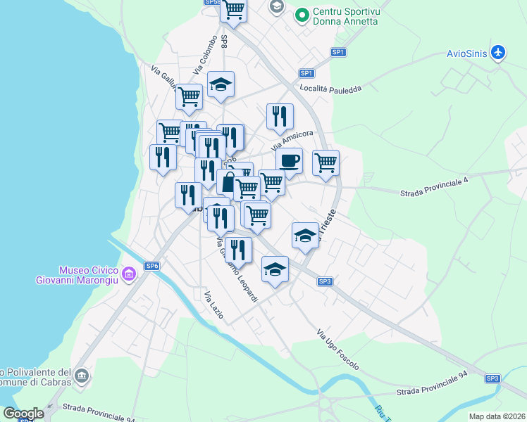 map of restaurants, bars, coffee shops, grocery stores, and more near 38 Via XX Settembre in Cabras