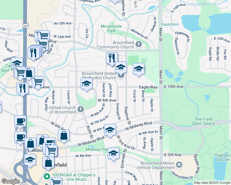 map of restaurants, bars, coffee shops, grocery stores, and more near 945 Emerald Street in Broomfield
