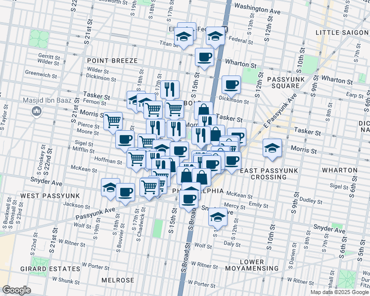 map of restaurants, bars, coffee shops, grocery stores, and more near S 15th St & W Moore St in Philadelphia