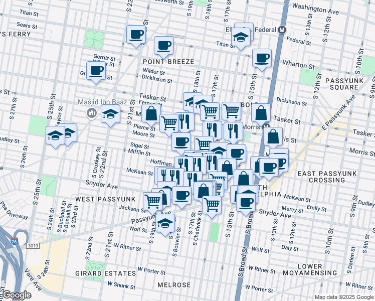 map of restaurants, bars, coffee shops, grocery stores, and more near 1819 South 18th Street in Philadelphia