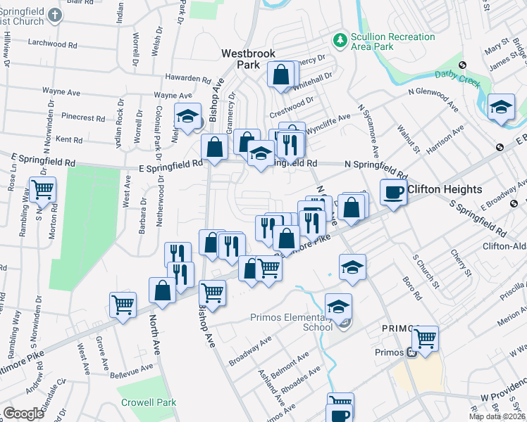 map of restaurants, bars, coffee shops, grocery stores, and more near 5210 Fairhaven Road in Clifton Heights