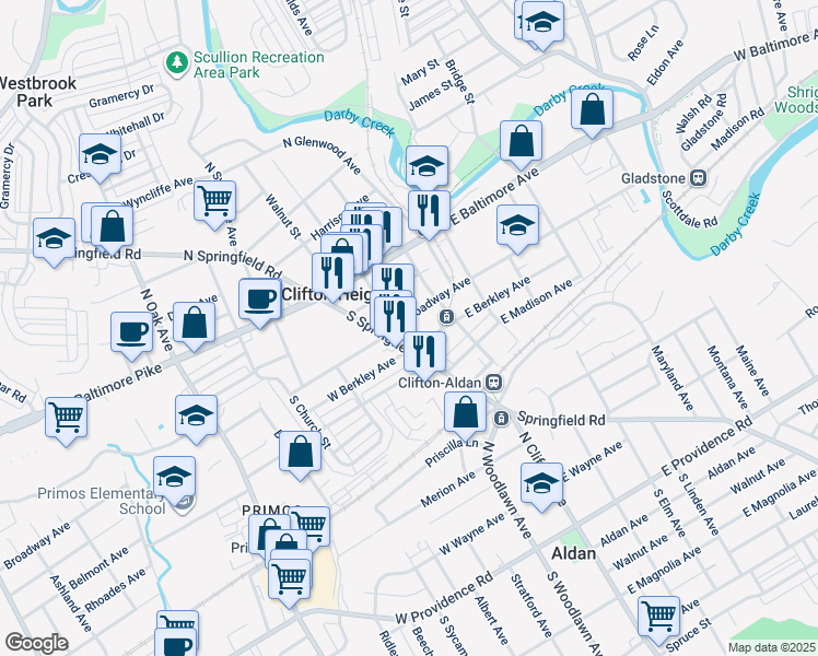map of restaurants, bars, coffee shops, grocery stores, and more near 26 East Broadway Avenue in Clifton Heights