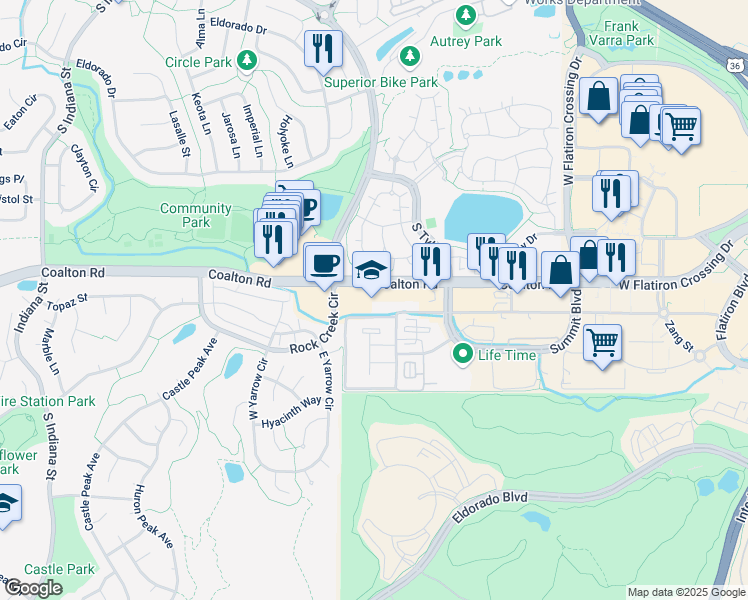 map of restaurants, bars, coffee shops, grocery stores, and more near 1680 Coalton Rd in Broomfield