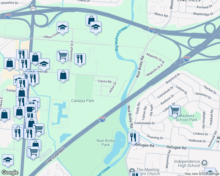 map of restaurants, bars, coffee shops, grocery stores, and more near 2341 Arbor Drive in Columbus