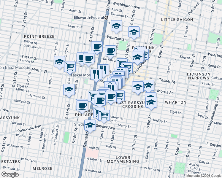 map of restaurants, bars, coffee shops, grocery stores, and more near 1719 South 13th Street in Philadelphia