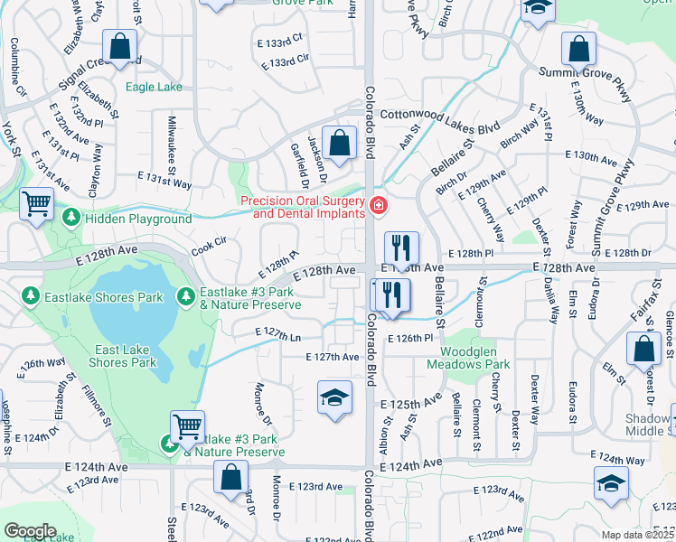 map of restaurants, bars, coffee shops, grocery stores, and more near 3980 E 128th Ave in Thornton