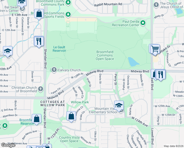 map of restaurants, bars, coffee shops, grocery stores, and more near 4710 Midway Boulevard in Broomfield