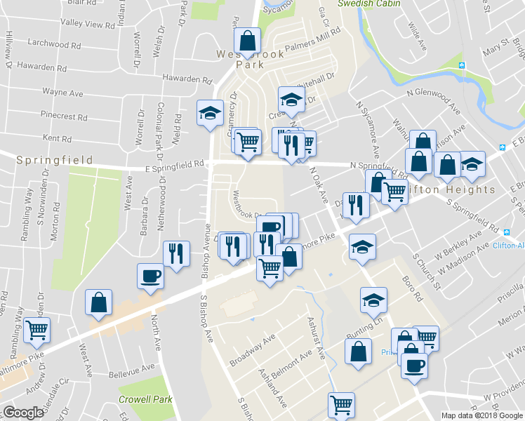 map of restaurants, bars, coffee shops, grocery stores, and more near 5211 Westbrook Drive in Clifton Heights