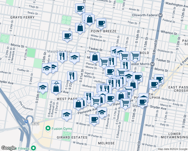 map of restaurants, bars, coffee shops, grocery stores, and more near 1831 South 20th Street in Philadelphia